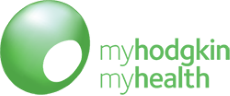 Image of MyHodgkin MyHealth logo, a green circle with a white oval patch in the circle to the lower right side